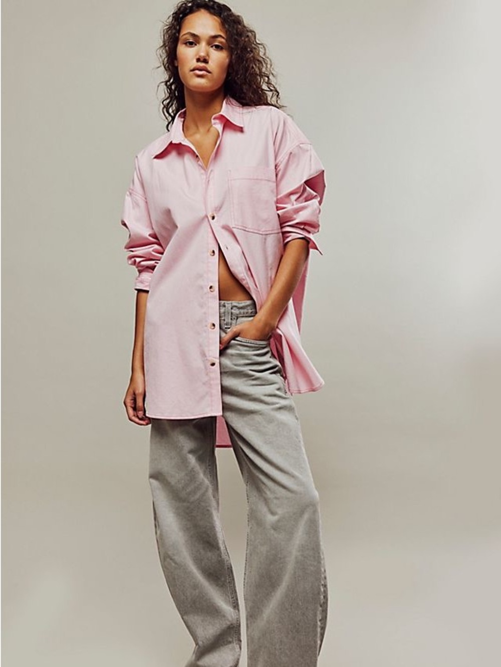 Free People Oversized Button-Up Shirt in Light Pink